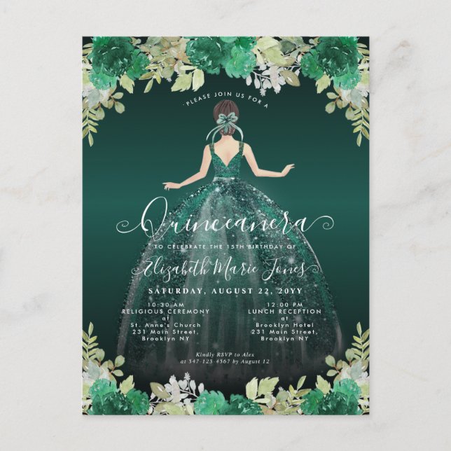 Postal Vestido Verde De Esmeralda Floral Cumpleaños Quinc (Anverso)