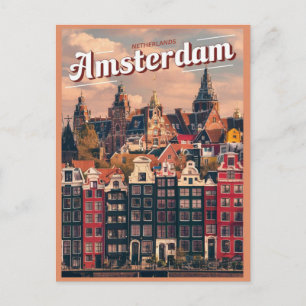 Postal Viaja Ámsterdam casas coloridas regalos vintage