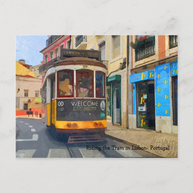 Postal Viajando en el tranvía de Lisboa, Portugal (Anverso)