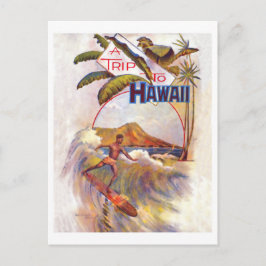 Postal Viaje a Hawái, surf en una gran ola, vintage