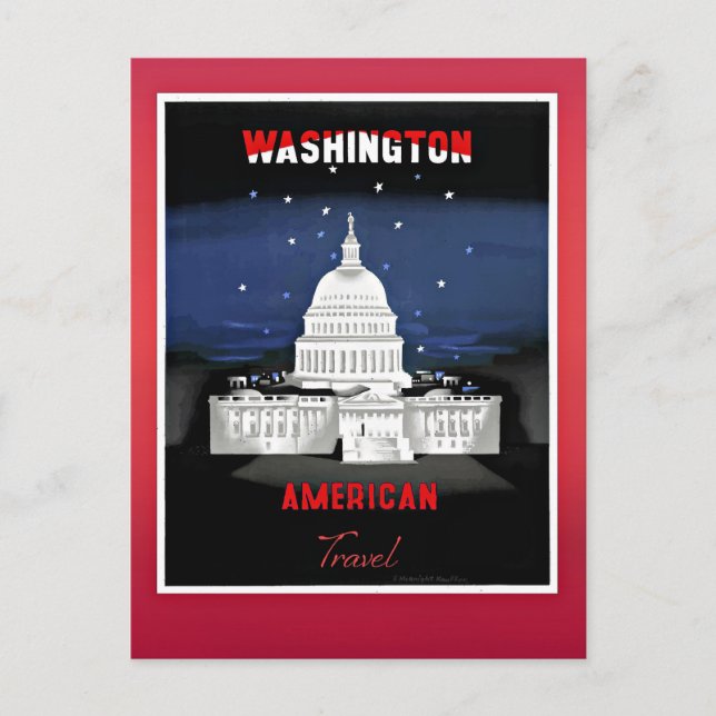 Postal Viaje a Washington, afiche vintage, (Anverso)