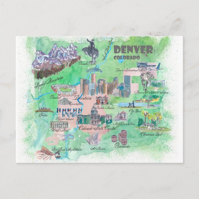 Postal Viaje al mapa de Denver Colorado (Anverso)