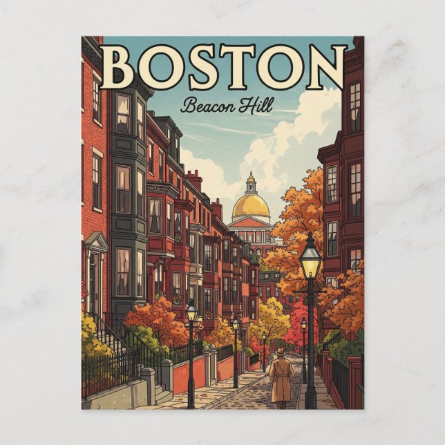 Postal Viaje Antiguo a Beacon Hill de Boston (Anverso)