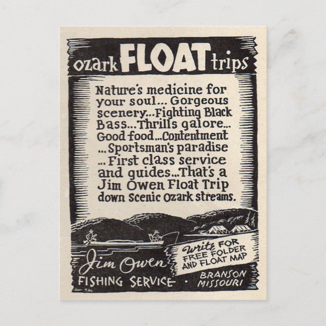Postal Viaje Branson Missouri del flotador de Jim Owen (Anverso)