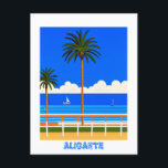 Postal Viaje de Alicante España Beach View<br><div class="desc">Un ilustracion vibrante y colorido de una pintoresca escena costera en Alicante,  España. La imagen cuenta con una playa de arena que desciende hasta un océano azul claro,  con una encantadora ciudad costera rodeada de colinas onduladas. Los edificios coloridos y las palmeras le dan un toque mediterráneo al lugar.</div>