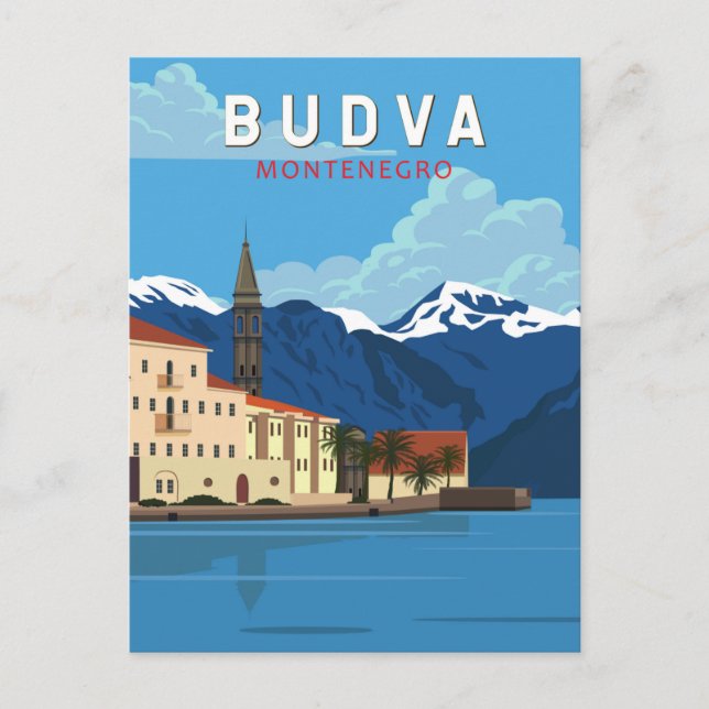 Postal Viaje de arte retro de Budva Montenegro (Anverso)