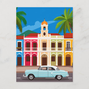 Postal Viaje de coche retro y casas coloniales coloridas