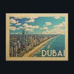 Postal Viaje de cosecha de la costa de Dubai<br><div class="desc">Diseño de Dubái al estilo de Vintage Travel con una escena costera con la playa y el horizonte de Dubai.</div>