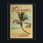 Postal Viaje de cosecha de palmeras de Kissimmee<br><div class="desc">Una estampada de arte de Kissimmee Florida,  de estilo poster de viajes vintage,  de estilo retro único y moderno de mediados de siglo. Cuenta con una palmera curvada en una playa de arena con el océano bajo un cielo azul turbio.</div>