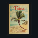 Postal Viaje de cosecha de palmeras de tortola<br><div class="desc">Una versión de arte de las Islas Vírgenes de Tortola de mediados de siglo,  única y retro,  de estilo poster de viajes vintage. Cuenta con una palmera curvada en una playa de arena con el océano bajo un cielo azul turbio.</div>