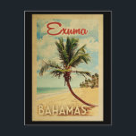 Postal Viaje de cosecha de palmeras exuma<br><div class="desc">Impresión de arte exuma Bahamas de estilo poster de viajes vintage. Cuenta con una palmera curvada en una playa de arena con el océano bajo un cielo azul turbio.</div>