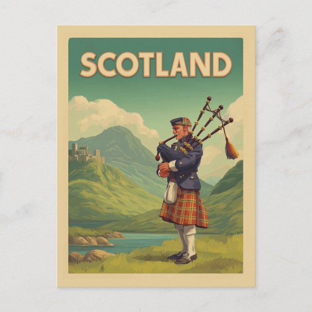 Postal Viaje de cosecha escocesa - Bagpiper de Highland (Anverso)