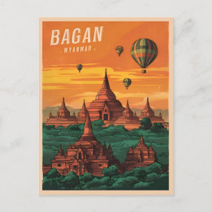 Postal Viaje de época Bagan Myanmar Sunset Retro Escenari
