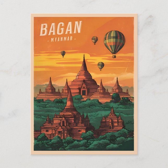 Postal Viaje de época Bagan Myanmar Sunset Retro Escenari (Anverso)