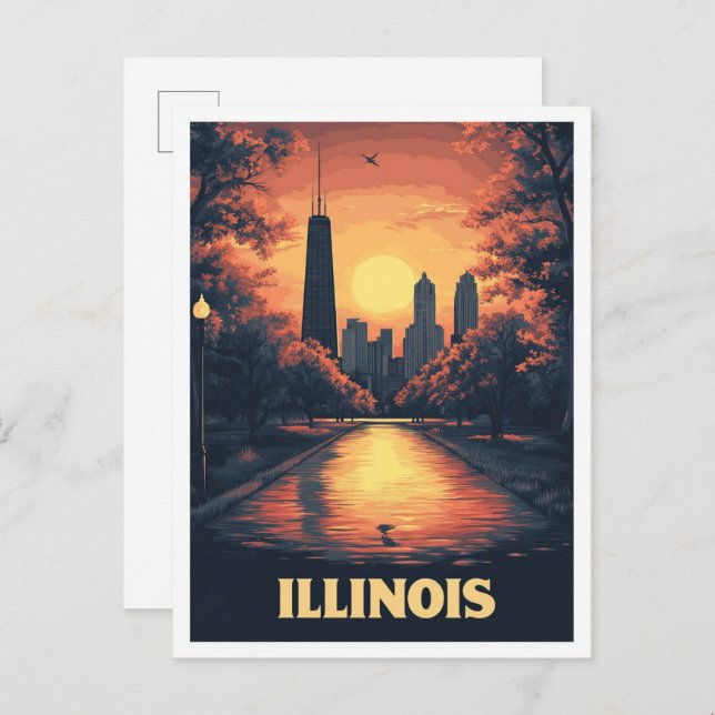 Postal Viaje de Ilustracion de arte de Illinois USA (Anverso / Reverso)