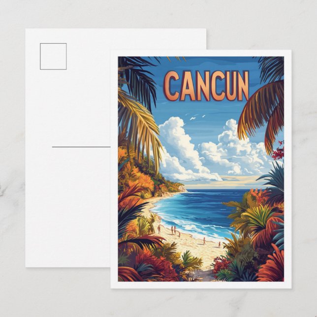 Postal Viaje de Ilustracion de Cancún Beach México (Anverso / Reverso)