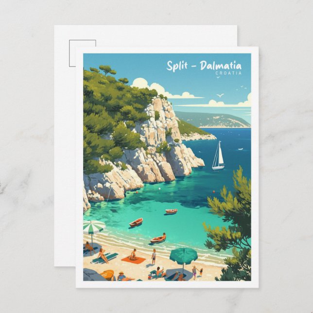 Postal Viaje de Ilustracion de cosecha Dalmatia Croacia (Anverso / Reverso)