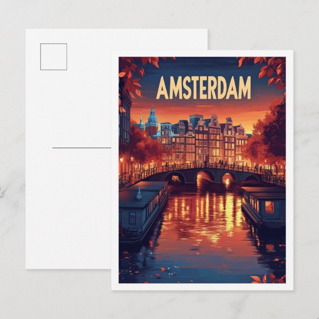 Postal Viaje de Ilustracion de cosecha de Amsterdam Paíse (Anverso / Reverso)