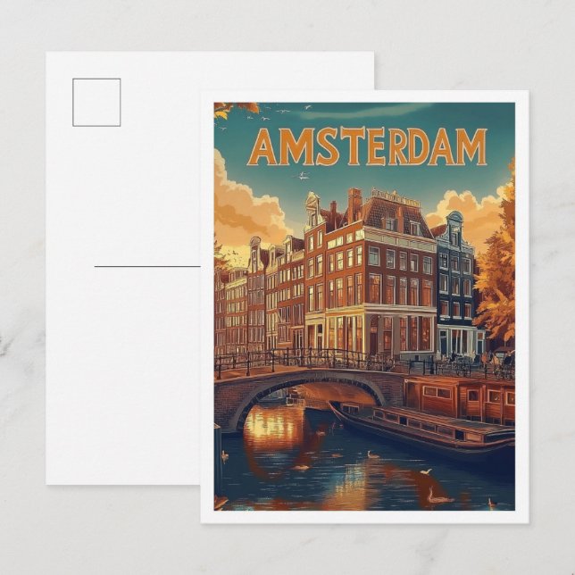 Postal Viaje de Ilustracion de cosecha de Amsterdam Paíse (Anverso / Reverso)