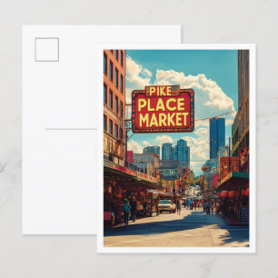 Postal Viaje de Ilustracion de Pike Place Market Seattle