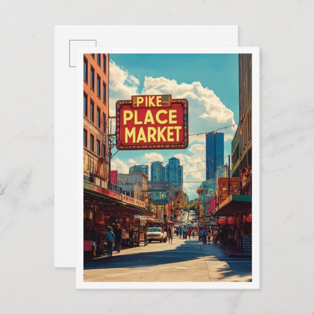 Postal Viaje de Ilustracion de Pike Place Market Seattle (Anverso / Reverso)