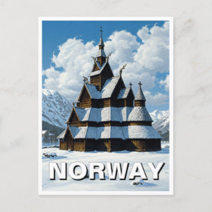 Postal Viaje de invierno a la iglesia Stave de Noruega