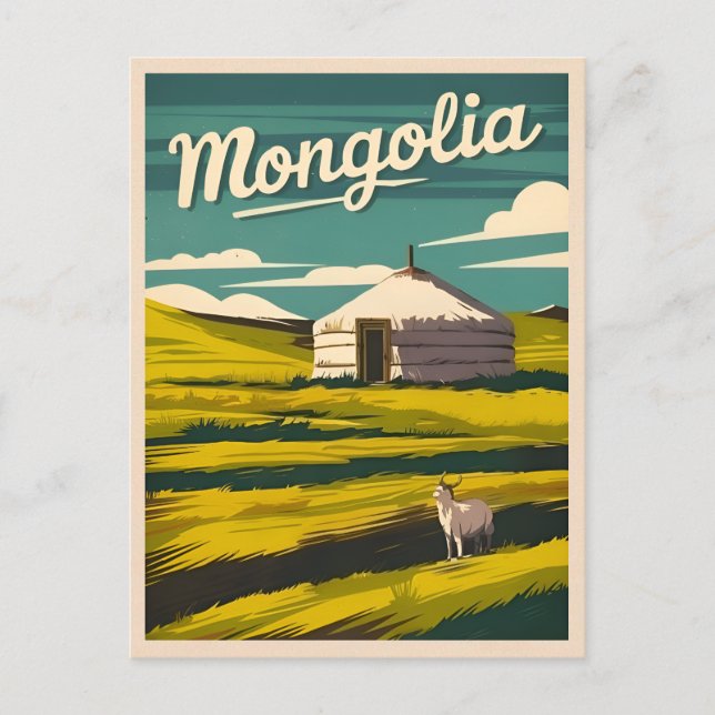 Postal Viaje de la cosecha Mongolia Gráfica Yurt Retro (Anverso)