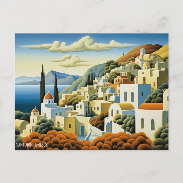 Postal Viaje de la isla Santorini con pintura al petróleo (Anverso)