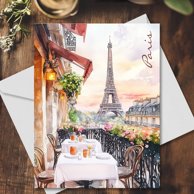 Postal Viaje de la Torre Eiffel Balcony Watercolor (Paris Eiffel Tower Balcony Watercolor Art Travel Postcard)