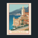 Postal Viaje de Mónaco Monte Carlo<br><div class="desc">A cualquiera le encantaría recibir esta tarjeta postal de viaje de la Riviera Francesa con un ilustracion retro de la costa y el horizonte de Montecarlo en Mónaco.</div>