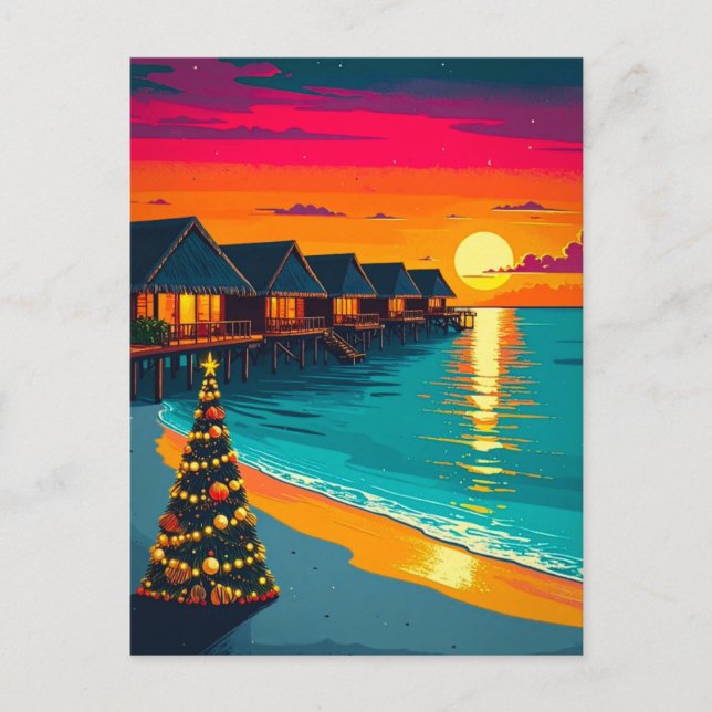 Postal Viaje de playa de Sunset en Árbol de Navidad de Ma (Anverso)