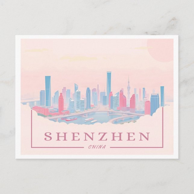 Postal Viaje de Shenzhen China Futurista Skyline Pastel (Anverso)