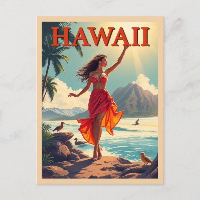 Postal Viaje de una mujer hawaiana tropical en la playa (Anverso)