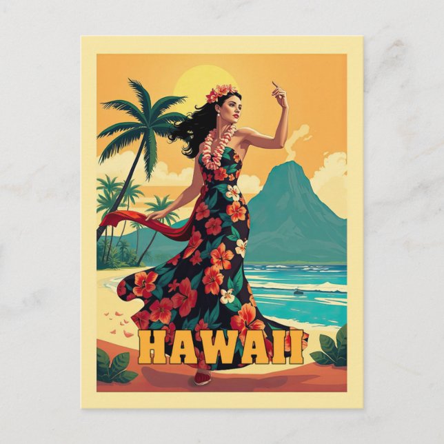 Postal Viaje de una mujer hawaiana tropical en la playa (Anverso)