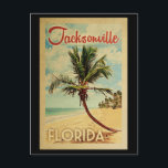 Postal Viaje de vintage de Jacksonville Palm Tree<br><div class="desc">Impresiones de arte de Jacksonville Florida,  de estilo poster de viaje vintage,  de estilo retro único y moderno de mediados de siglo. Cuenta con una palmera curvada en una playa de arena con el océano bajo un cielo azul turbio.</div>