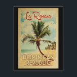 Postal Viaje de vintage de palm Tree en La Romana<br><div class="desc">La Romana,  de estilo retro único,  es un moderno estilo de arte republicano dominicano de mediados de siglo,  con un estilo poster de viajes vintage. Cuenta con una palmera curvada en una playa de arena con el océano bajo un cielo azul turbio.</div>