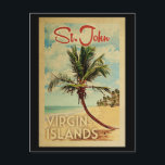 Postal Viaje de vintage del árbol de palma de St John<br><div class="desc">Un arte retro único y moderno de mediados de siglo en las Islas Vírgenes de St John con un estilo poster de viajes vintage. Cuenta con una palmera curvada en una playa de arena con el océano bajo un cielo azul turbio.</div>