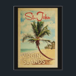 Postal Viaje de vintage del árbol de palma de St John<br><div class="desc">Un arte retro único y moderno de mediados de siglo en las Islas Vírgenes de St John con un estilo poster de viajes vintage. Cuenta con una palmera curvada en una playa de arena con el océano bajo un cielo azul turbio.</div>