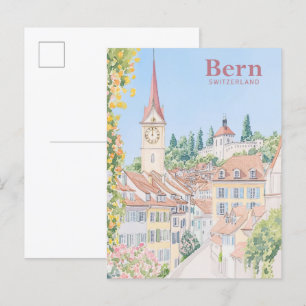 Postal Viaje del Ilustracion Bern Suiza Gouache Paint