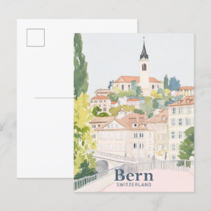 Postal Viaje del Ilustracion Bern Suiza Gouache Paint