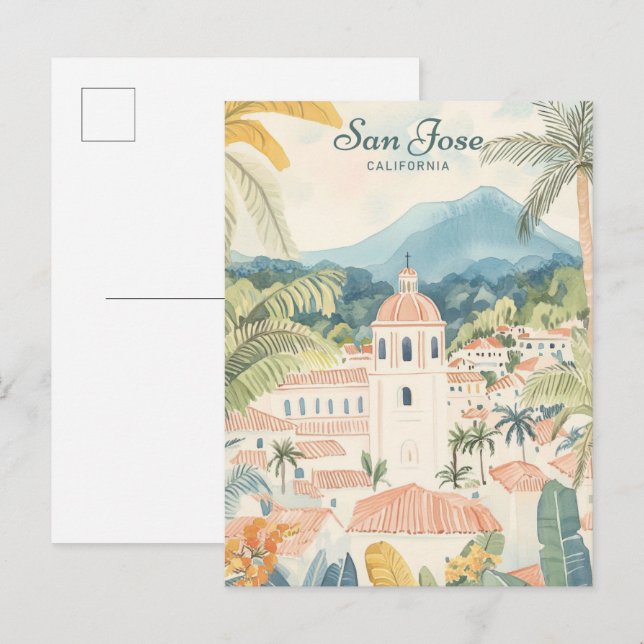 Postal Viaje del Ilustracion Gouache de San José Californ (Anverso / Reverso)