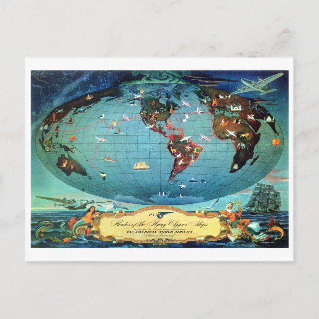 Postal Viaje del Mapa Mundial de Ruta de la Aerolínea Vin (Anverso)