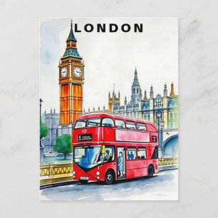 Postal Viaje en autobús por Londres acuarela