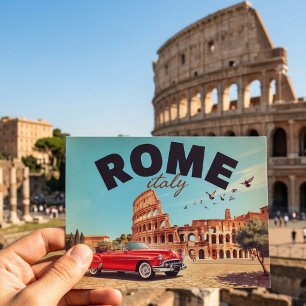 Postal Viaje en descapotable rojo del Coliseo de Roma vin