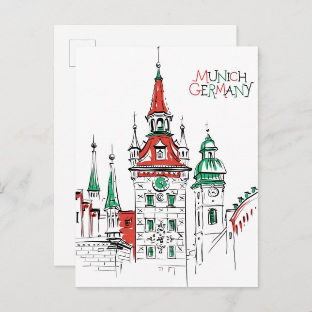 Postal Viaje en el casco antiguo de Munich Ilustracion Al (Anverso / Reverso)