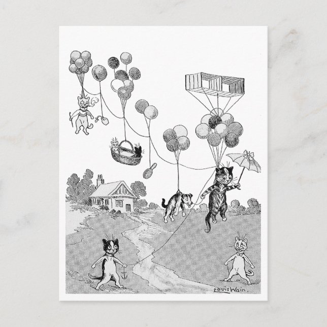Postal Viaje en Globo de Gatos, Louis Wain (Anverso)