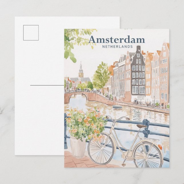 Postal Viaje en Ilustracion Gouache de Amsterdam Países B (Anverso / Reverso)