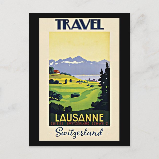 Postal Viaje en Lausana, afiche de la época de Suiza, (Anverso)