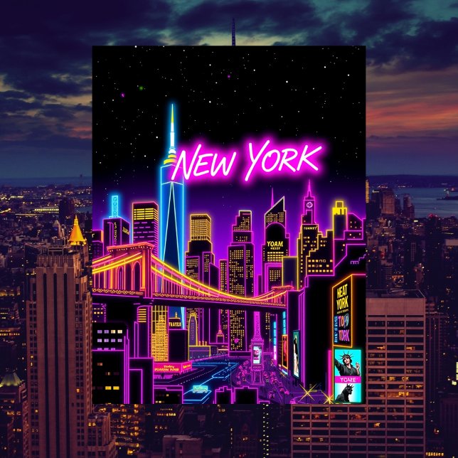 Postal Viaje neón retro-futurista en Nueva York (New York City Neon Retro-Futuristic Travel Postcard)