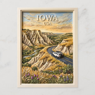 Postal Viaje por carretera vintage a Iowa, arte de la nat